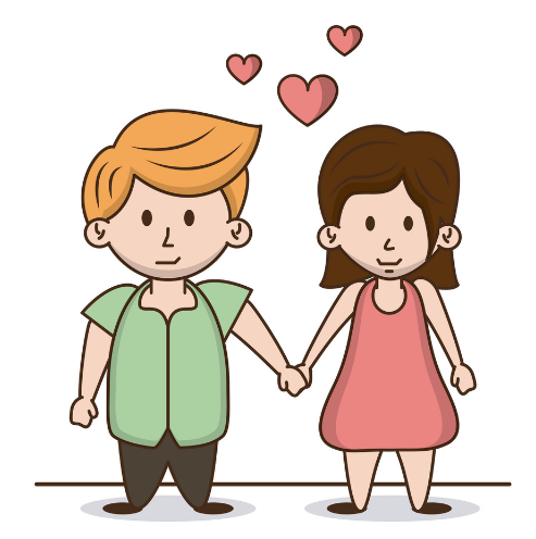 Illustrated couple holding hands surrounded by hearts