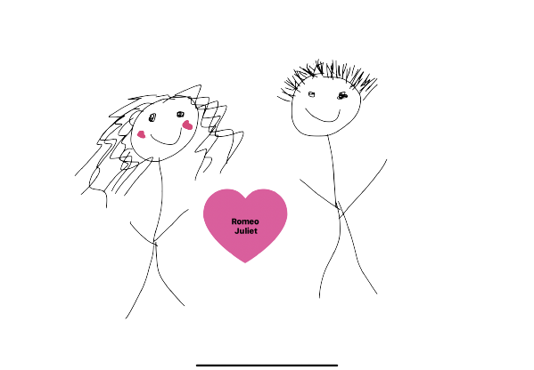 Doodle of Romeo and Juliet with a heart between them